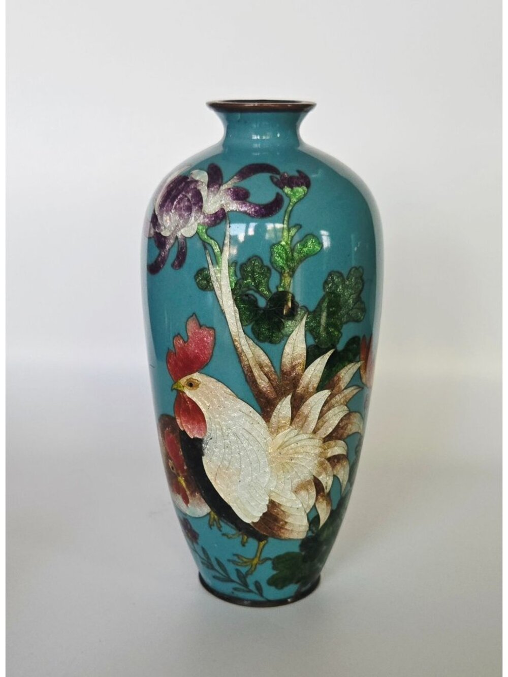 Antique Meiji Ginbari Japanese Cloisonné Vase Rooster & Floral Motif Turquoise -